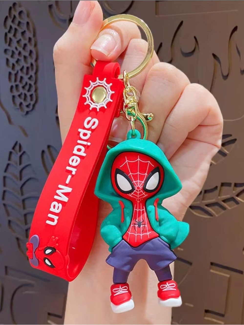 Spider-Man Marvel Keychain Green Hoodie Miles Morales Figure Lanyard Key Ring